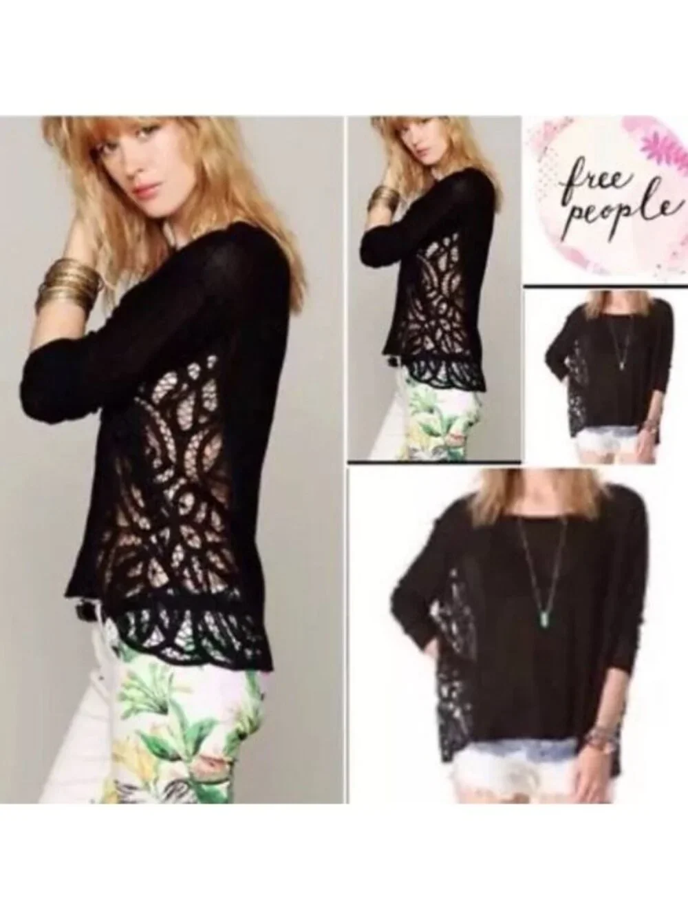 RARE NWT Free People Black Lace Inset Slouchy Linen Blend Top S| Boho Whimsigoth